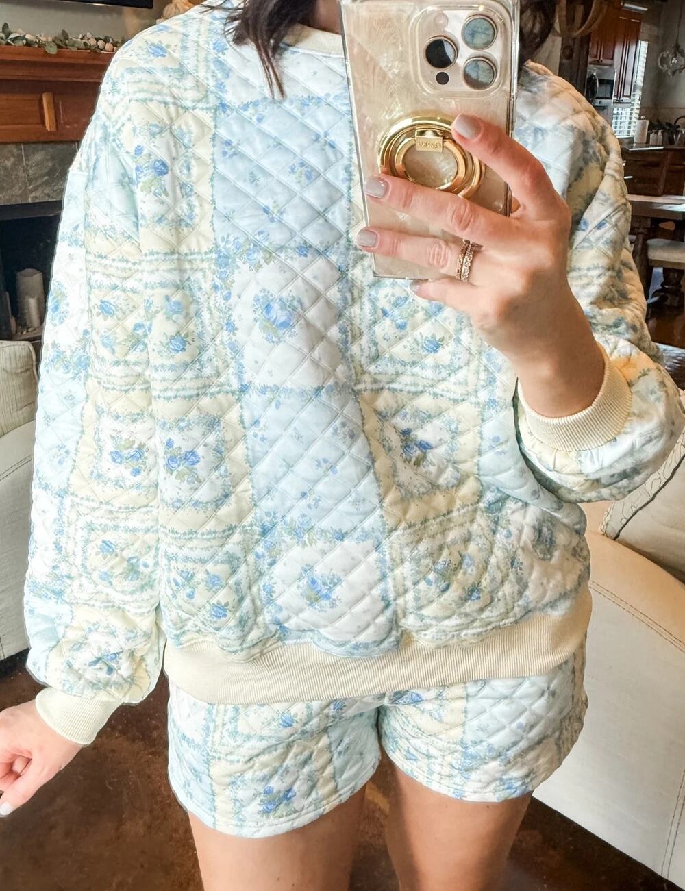 Rareraw Quilted Floral Sweatshirt Short Set Blue Yellow Patchwork NEW Large